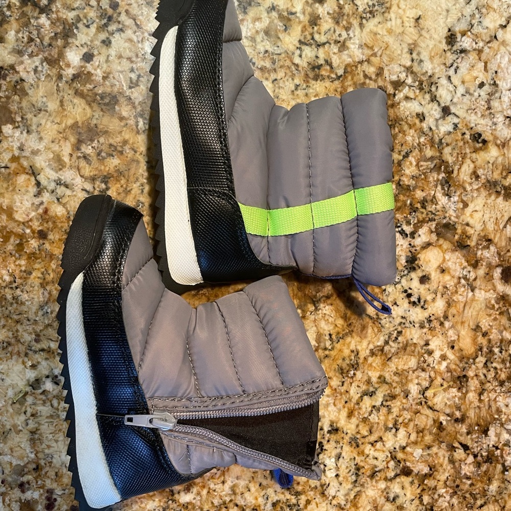 Toddler 9 Gray and Black Winter Boots with Neon Green Accent